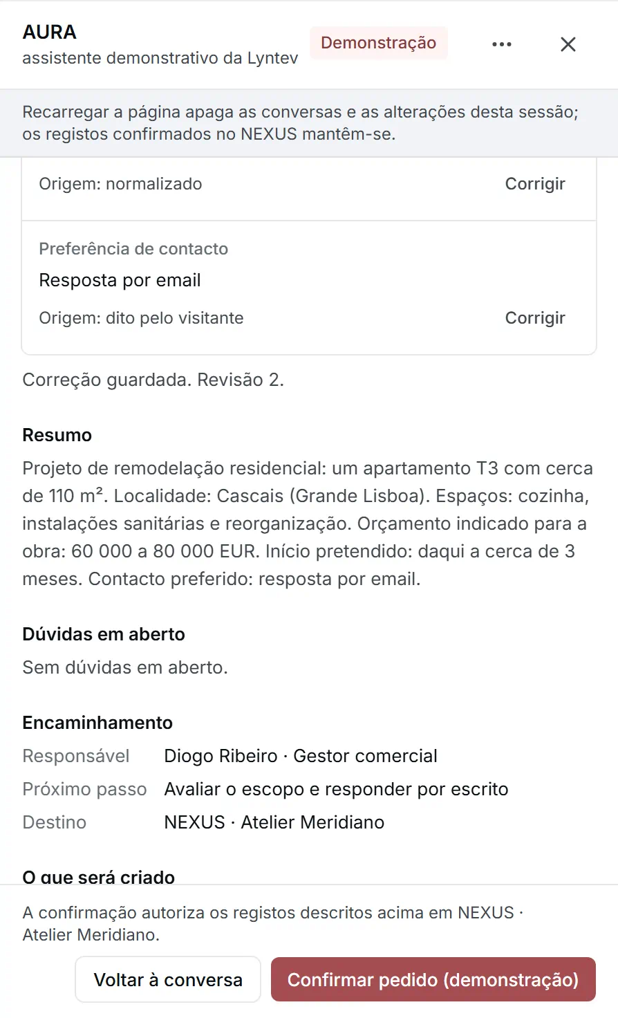 Recorte da revisão do pedido: «Correção guardada. Revisão 2.», o resumo com a área corrigida para 110 m², o responsável, o destino NEXUS · Atelier Meridiano e o botão «Confirmar pedido (demonstração)».