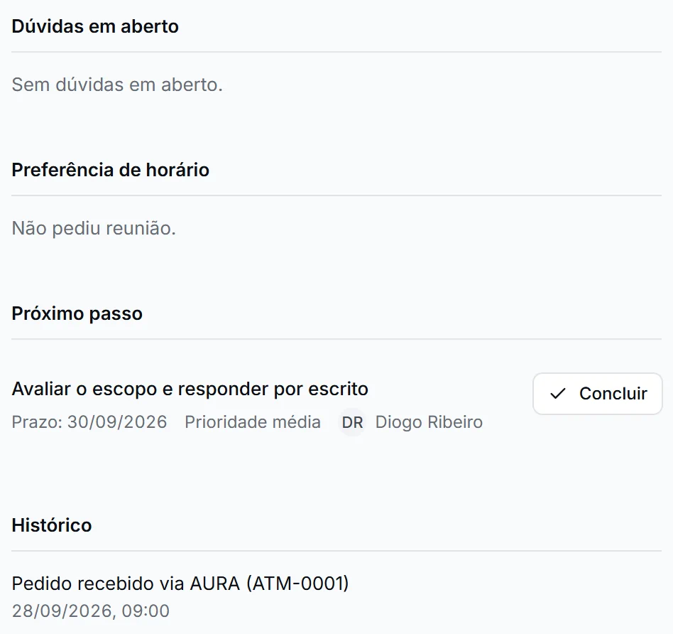 Recorte do pedido no NEXUS · Atelier Meridiano: as dúvidas em aberto, o próximo passo de Diogo Ribeiro com prazo e o histórico do pedido.