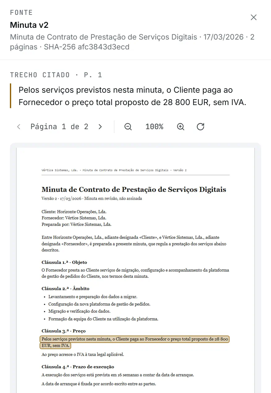 Recorte do painel da fonte: a página 1 da minuta v2 desenhada a partir do PDF, com o trecho do preço realçado.