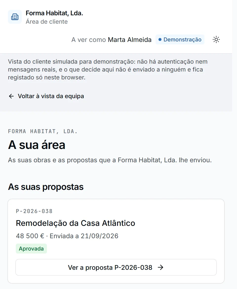Recorte da vista do cliente: a proposta da Casa Atlântico aprovada por Marta Almeida, com a indicação de que é uma demonstração.